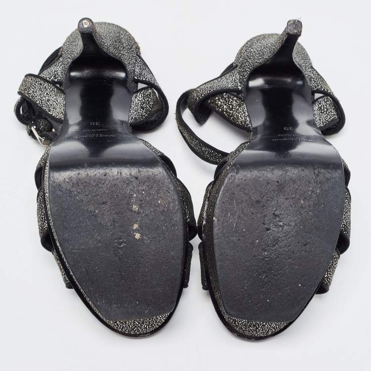 Pre Owned Saint Laurent Two Tone Glitter Suede Tribute Sandals Size 39
