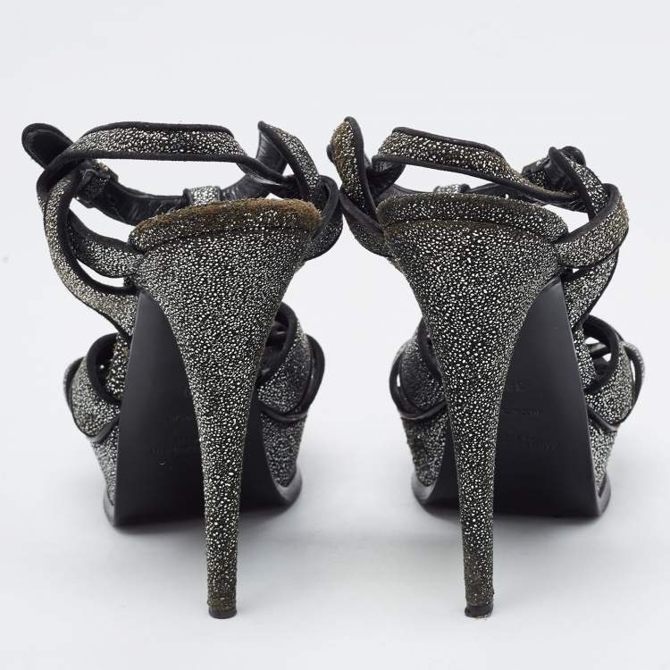 Pre Owned Saint Laurent Two Tone Glitter Suede Tribute Sandals Size 39