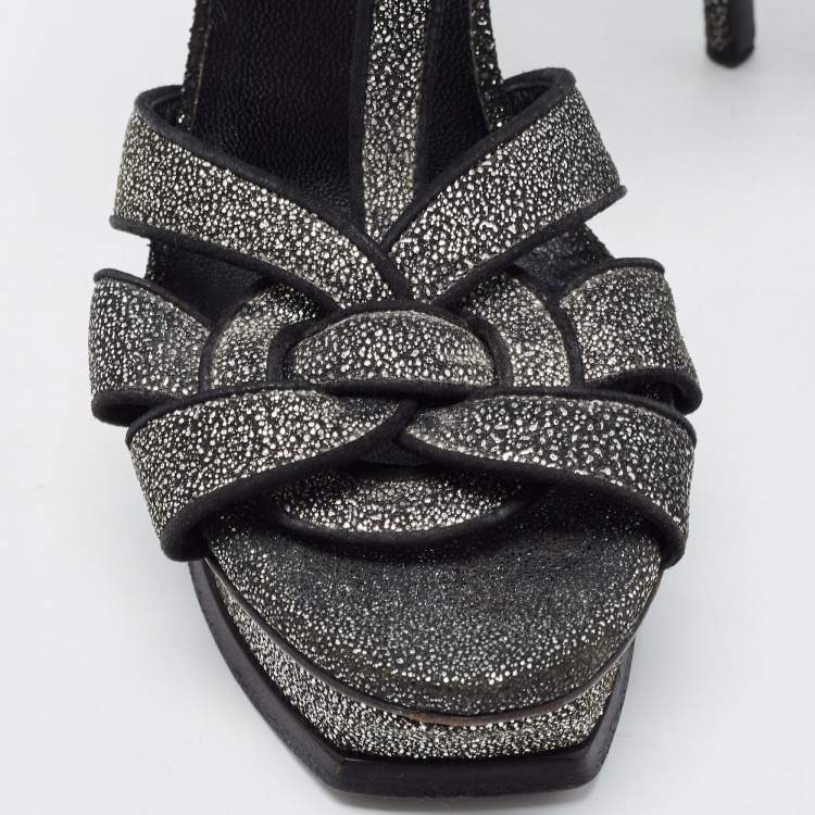 Pre Owned Saint Laurent Two Tone Glitter Suede Tribute Sandals Size 39