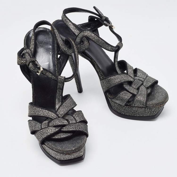 Pre Owned Saint Laurent Two Tone Glitter Suede Tribute Sandals Size 39