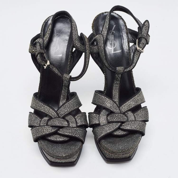 Pre Owned Saint Laurent Two Tone Glitter Suede Tribute Sandals Size 39