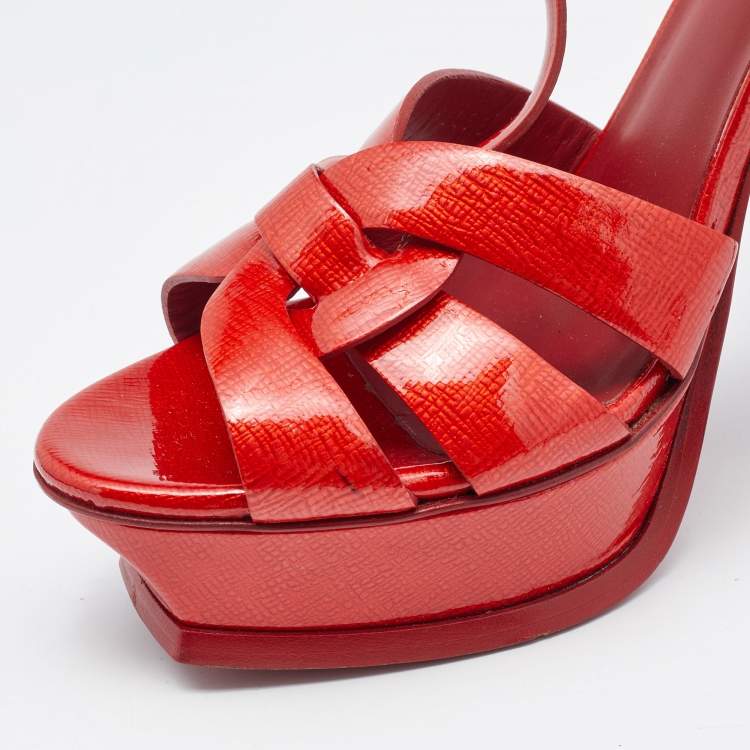 Pre Owned Saint Laurent Red Patent Leather Tribute Ankle Strap Sandals Size 41