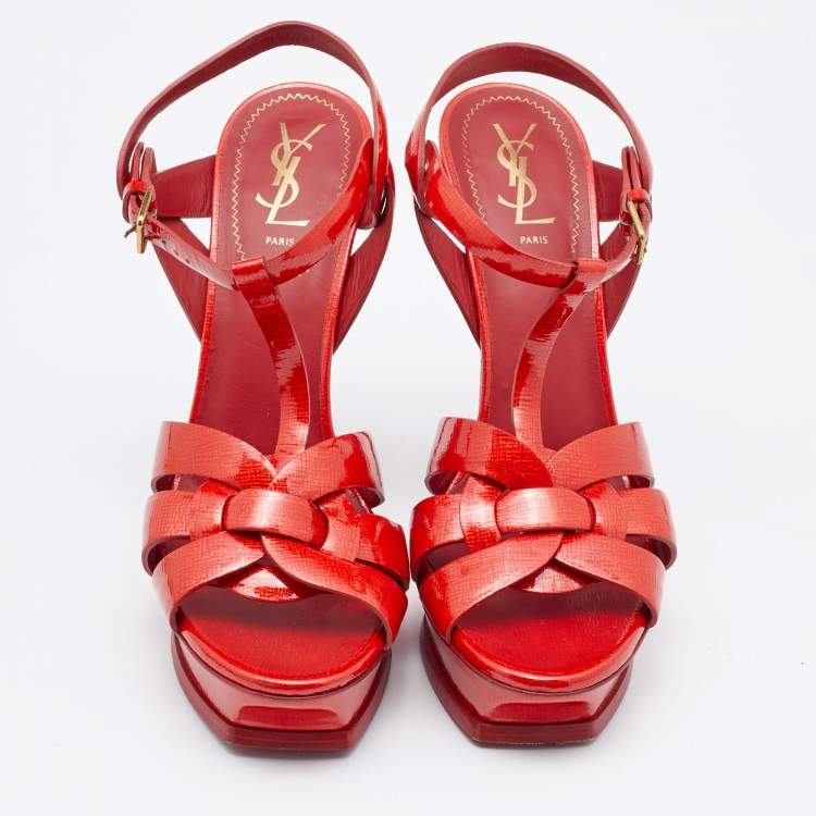Pre Owned Saint Laurent Red Patent Leather Tribute Ankle Strap Sandals Size 41