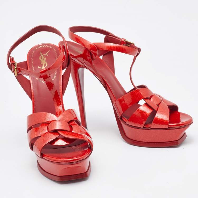 Pre Owned Saint Laurent Red Patent Leather Tribute Ankle Strap Sandals Size 41