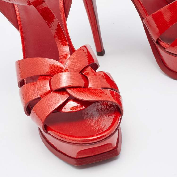 Pre Owned Saint Laurent Red Patent Leather Tribute Ankle Strap Sandals Size 41