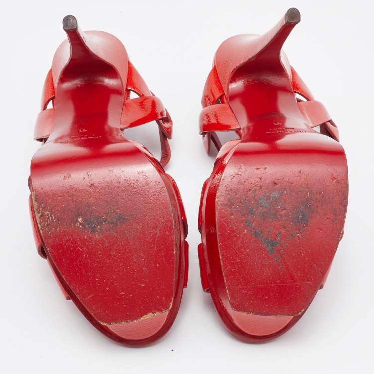 Pre Owned Saint Laurent Red Patent Leather Tribute Ankle Strap Sandals Size 41