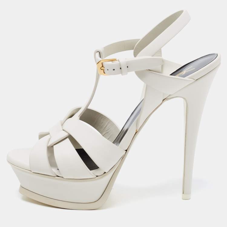 Pre Owned Saint Laurent White Leather Tribute Ankle Strap Sandals Size 38.5