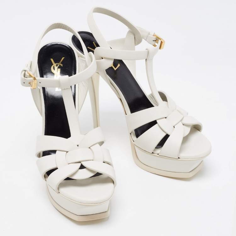Pre Owned Saint Laurent White Leather Tribute Ankle Strap Sandals Size 38.5