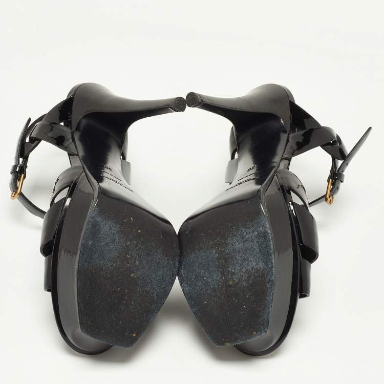 Pre Owned Saint Laurent Black Patent Leather Tribute Ankle Strap Sandals Size 36