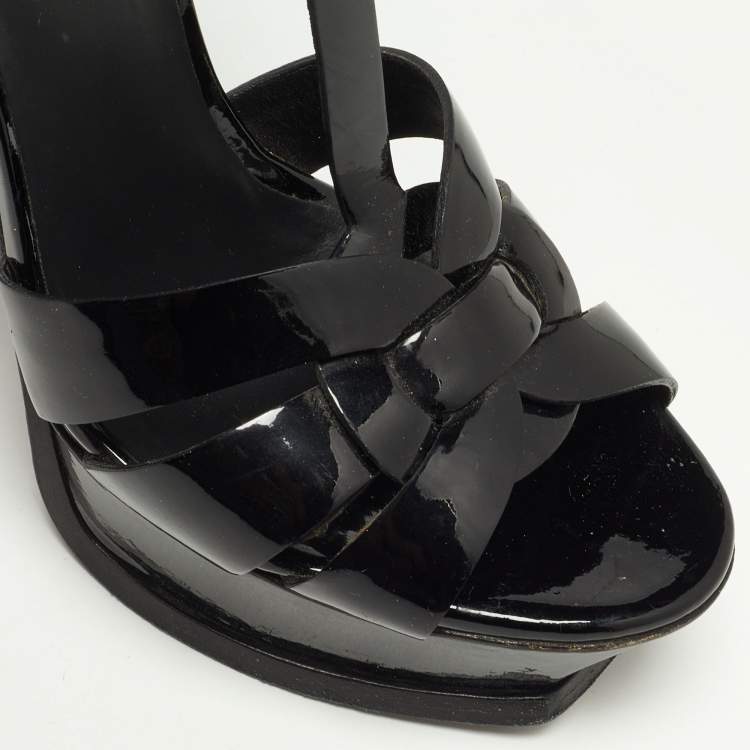 Pre Owned Saint Laurent Black Patent Leather Tribute Ankle Strap Sandals Size 36