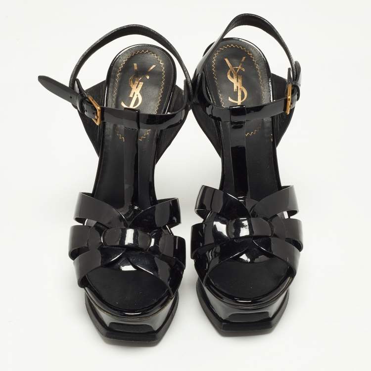 Pre Owned Saint Laurent Black Patent Leather Tribute Ankle Strap Sandals Size 36