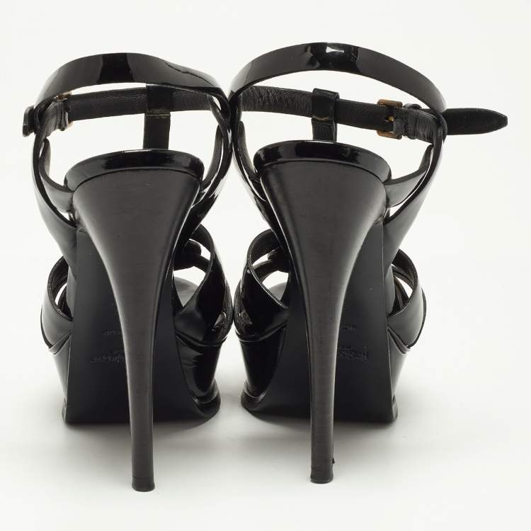 Pre Owned Saint Laurent Black Patent Leather Tribute Ankle Strap Sandals Size 36