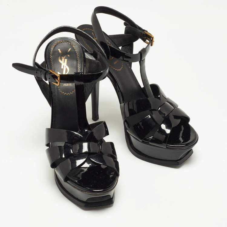 Pre Owned Saint Laurent Black Patent Leather Tribute Ankle Strap Sandals Size 36