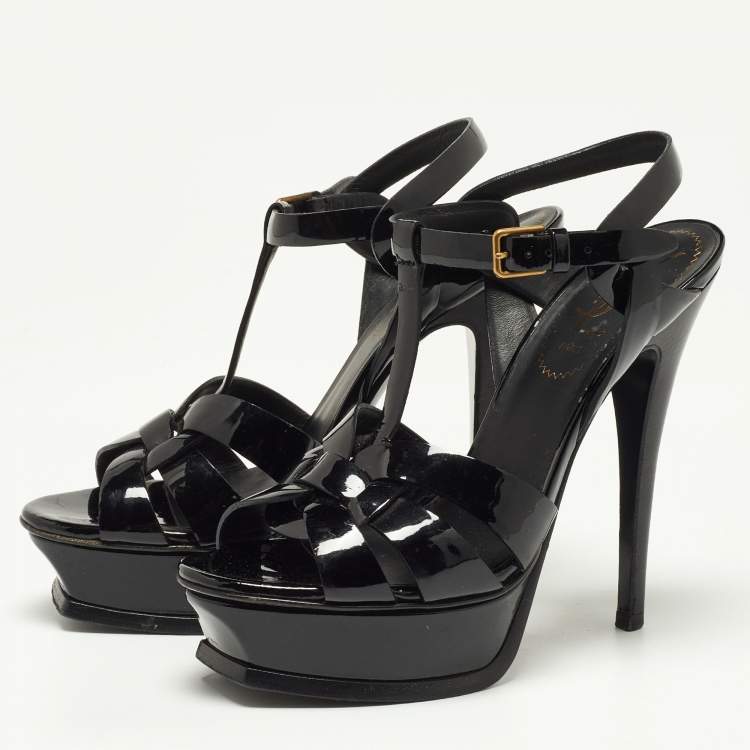 Pre Owned Saint Laurent Black Patent Leather Tribute Ankle Strap Sandals Size 36