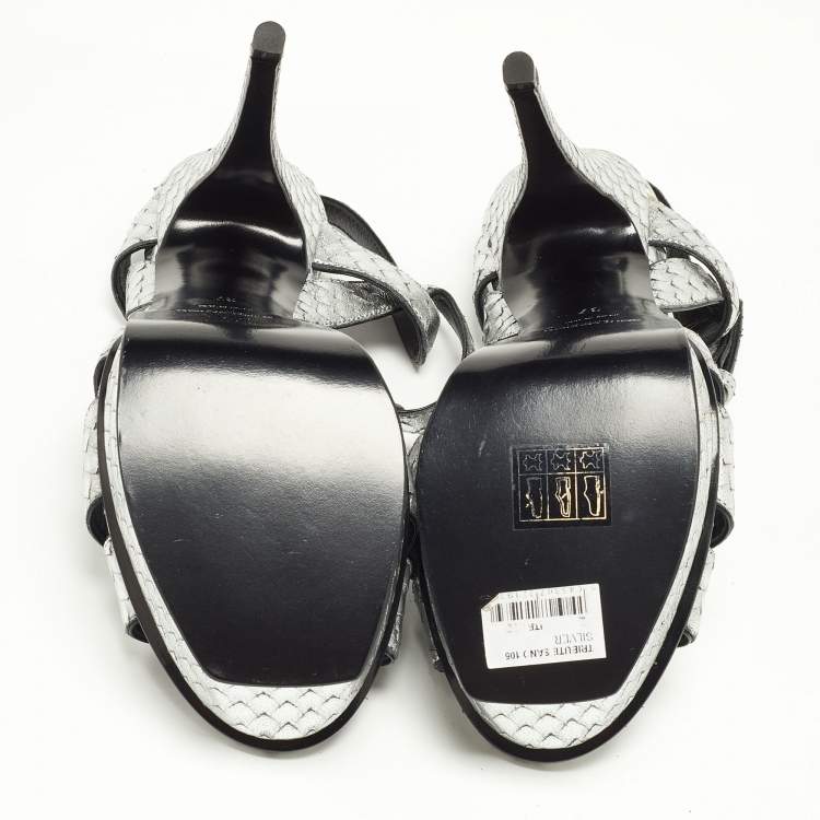 Pre Owned Saint Laurent Silver Snakeskin Embossed Leather Tribute Ankle Strap Sandals Size 37