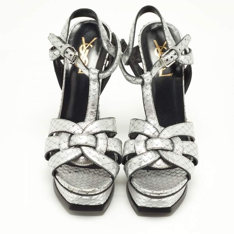 Pre Owned Saint Laurent Silver Snakeskin Embossed Leather Tribute Ankle Strap Sandals Size 37