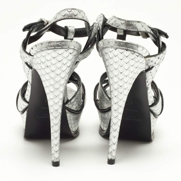 Pre Owned Saint Laurent Silver Snakeskin Embossed Leather Tribute Ankle Strap Sandals Size 37