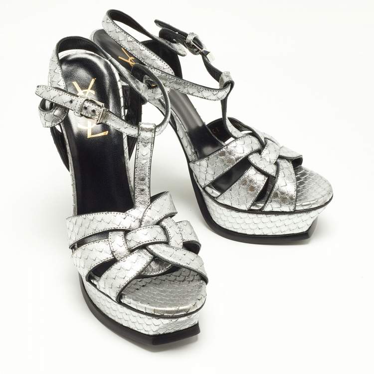 Pre Owned Saint Laurent Silver Snakeskin Embossed Leather Tribute Ankle Strap Sandals Size 37
