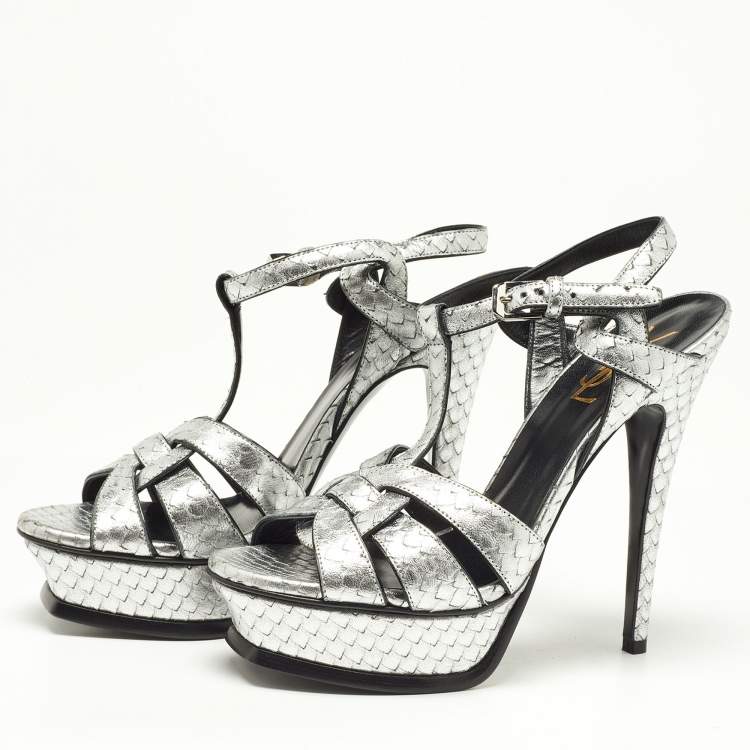 Pre Owned Saint Laurent Silver Snakeskin Embossed Leather Tribute Ankle Strap Sandals Size 37