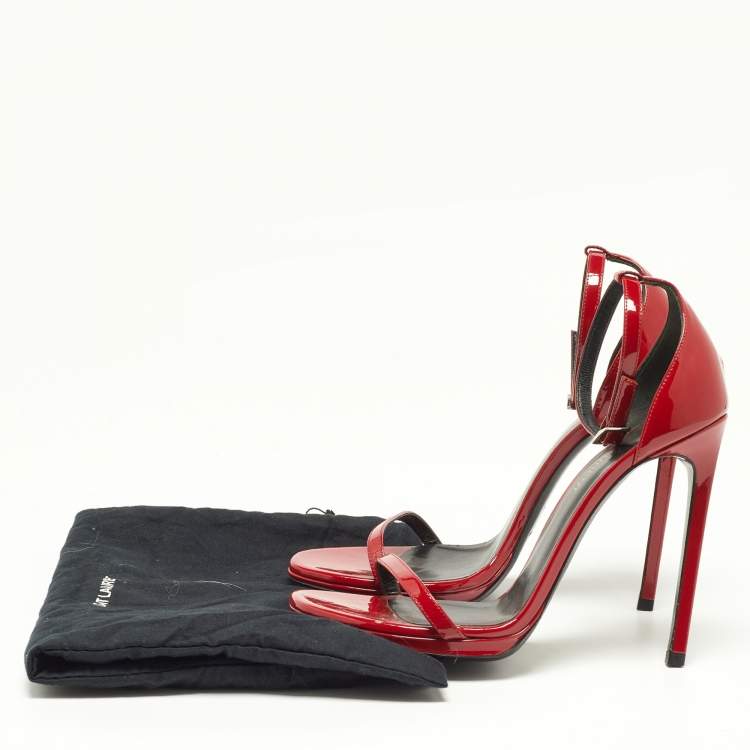Pre Owned Saint Laurent Red Patent Leather Jane Ankle Strap Sandals Size 37.5