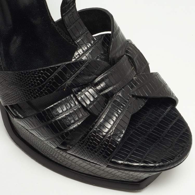 Pre Owned Saint Laurent Black Lizard Embossed Leather Tribute Platform Sandals Size 38
