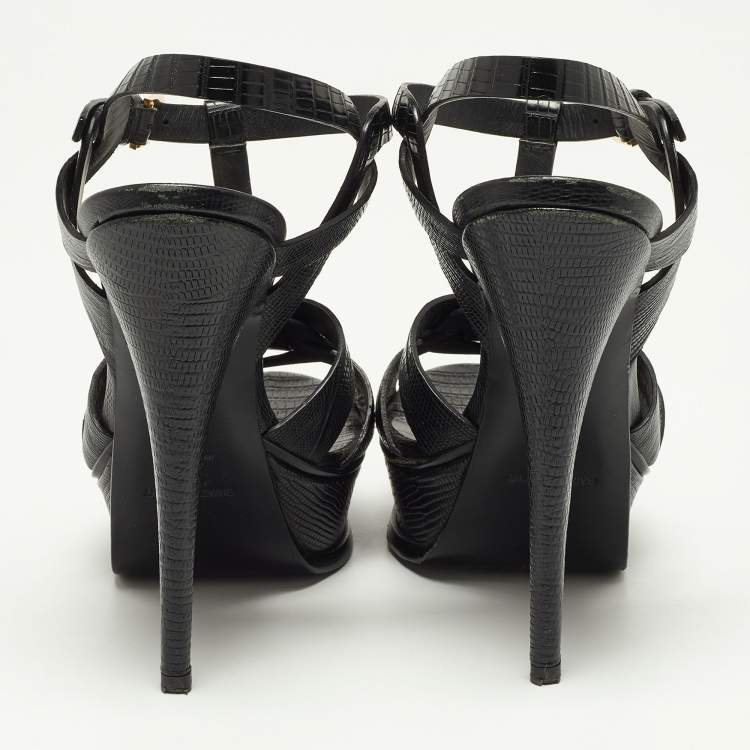 Pre Owned Saint Laurent Black Lizard Embossed Leather Tribute Platform Sandals Size 38