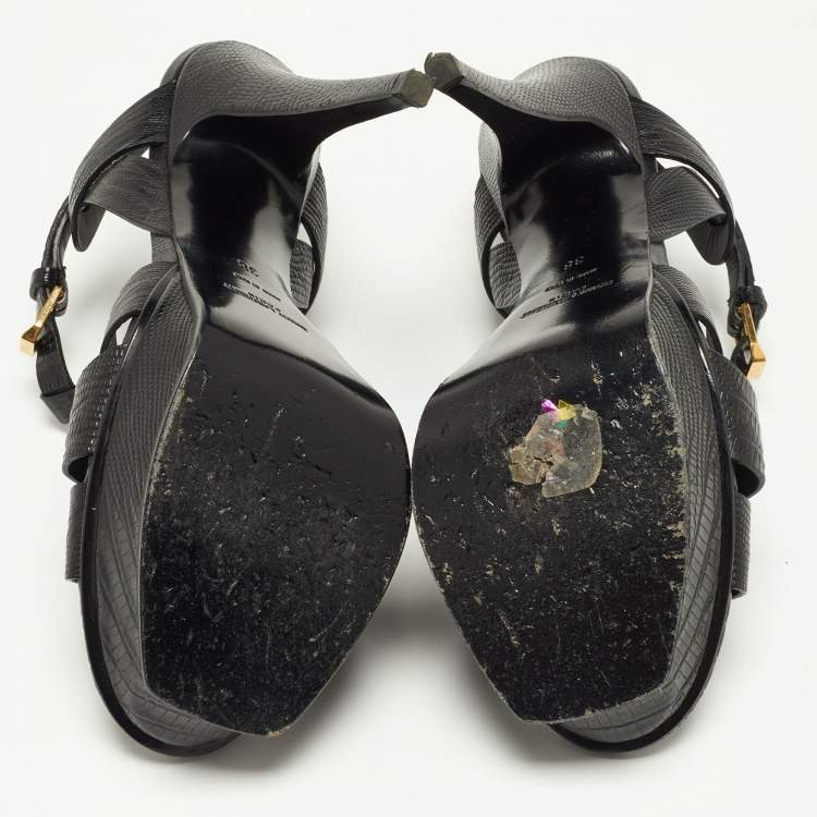 Pre Owned Saint Laurent Black Lizard Embossed Leather Tribute Platform Sandals Size 38