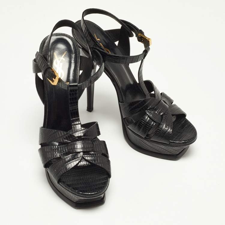 Pre Owned Saint Laurent Black Lizard Embossed Leather Tribute Platform Sandals Size 38