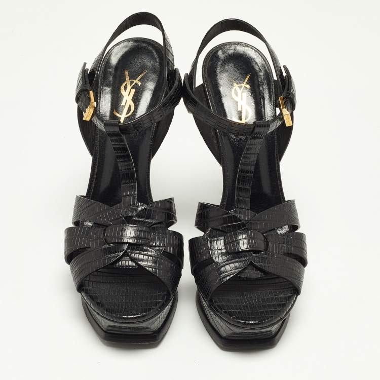 Pre Owned Saint Laurent Black Lizard Embossed Leather Tribute Platform Sandals Size 38