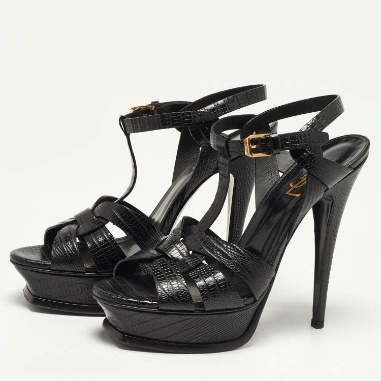 Pre Owned Saint Laurent Black Lizard Embossed Leather Tribute Platform Sandals Size 38
