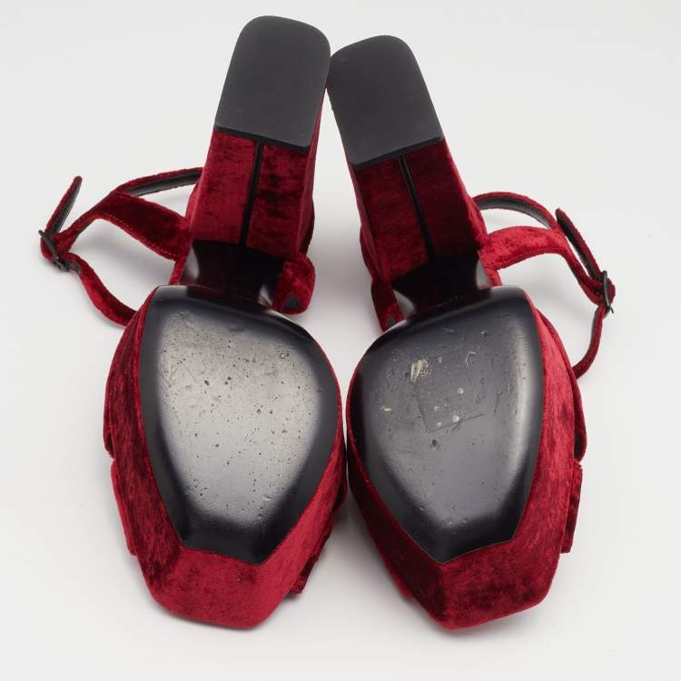 Pre Owned Saint Laurent Red Velvet Candy Bow Sandals Size 36.5