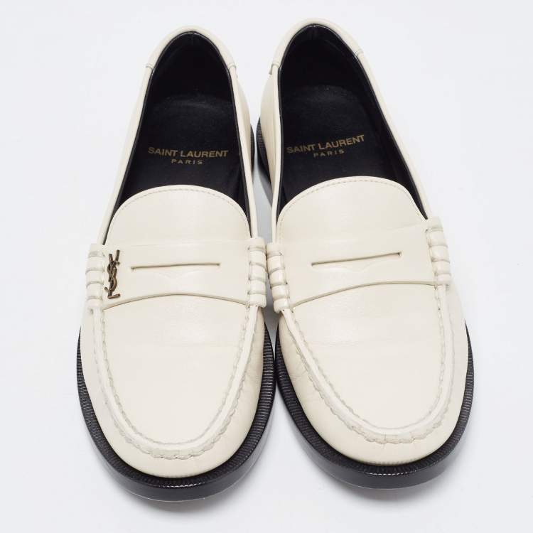 Pre Owned Saint Laurent Cream Leather Slip On Loafers Size 35.5