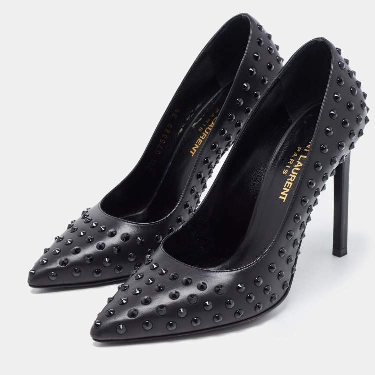 Pre Owned Saint Laurent Black Leather Studded Pointed Toe Pumps Size 35