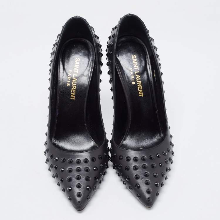 Pre Owned Saint Laurent Black Leather Studded Pointed Toe Pumps Size 35