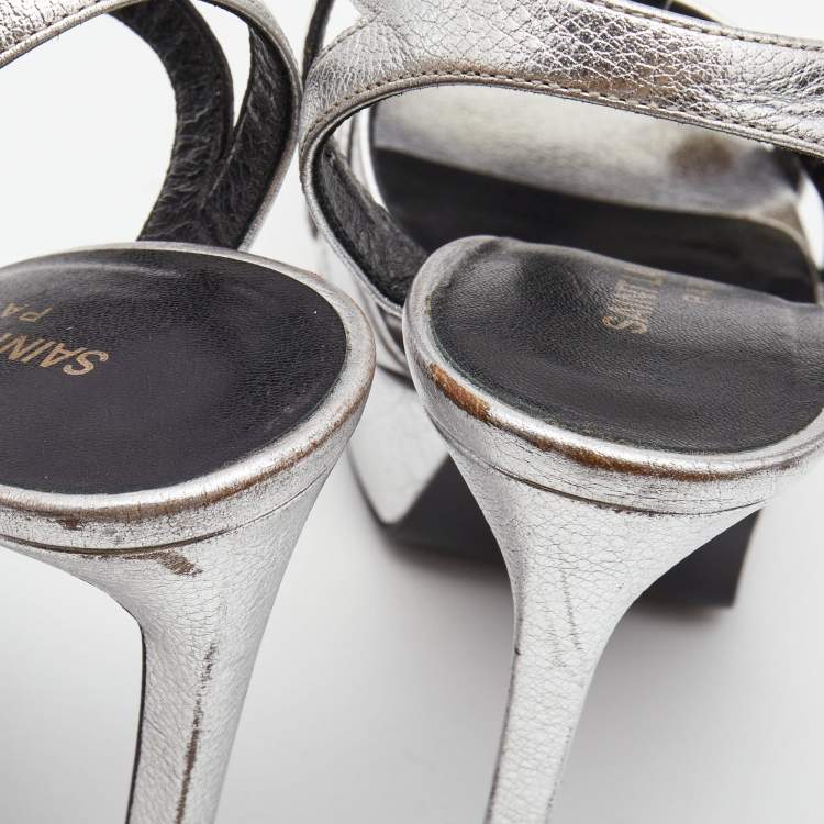 Pre Owned Saint Laurent Silver Leather Ankle Strap Sandals Size 37
