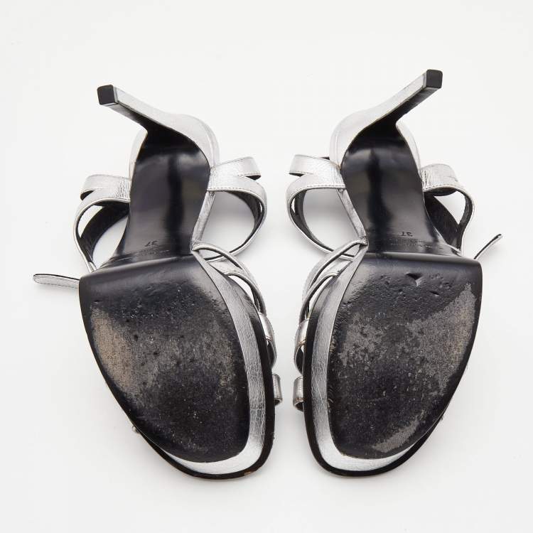 Pre Owned Saint Laurent Silver Leather Ankle Strap Sandals Size 37