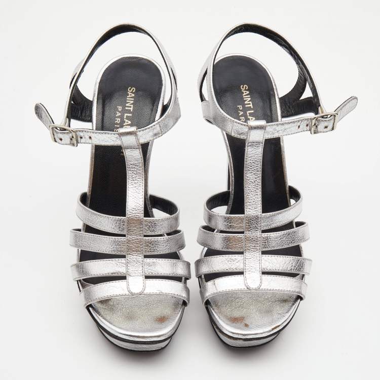 Pre Owned Saint Laurent Silver Leather Ankle Strap Sandals Size 37