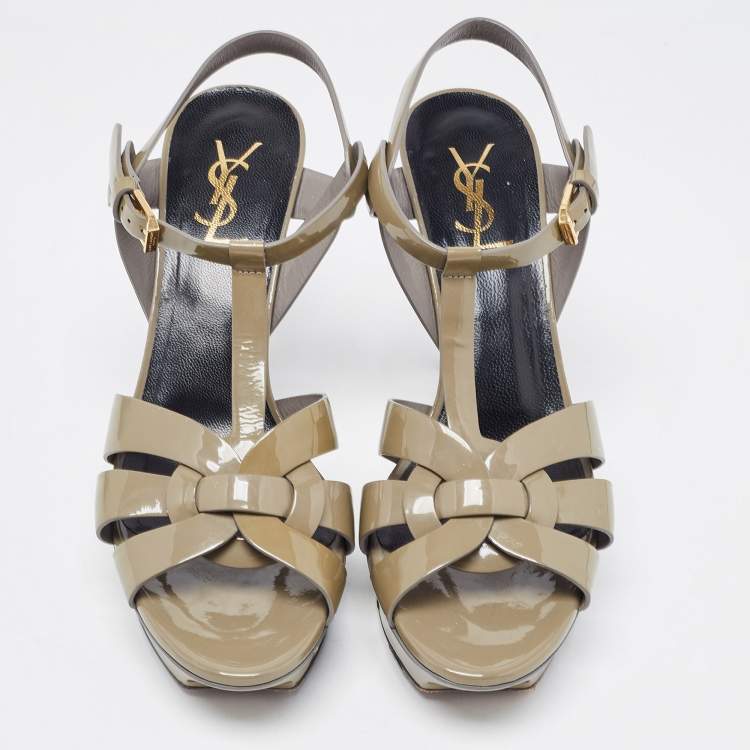 Pre Owned Saint Laurent Green Patent Tribute Platform Sandals Size 39