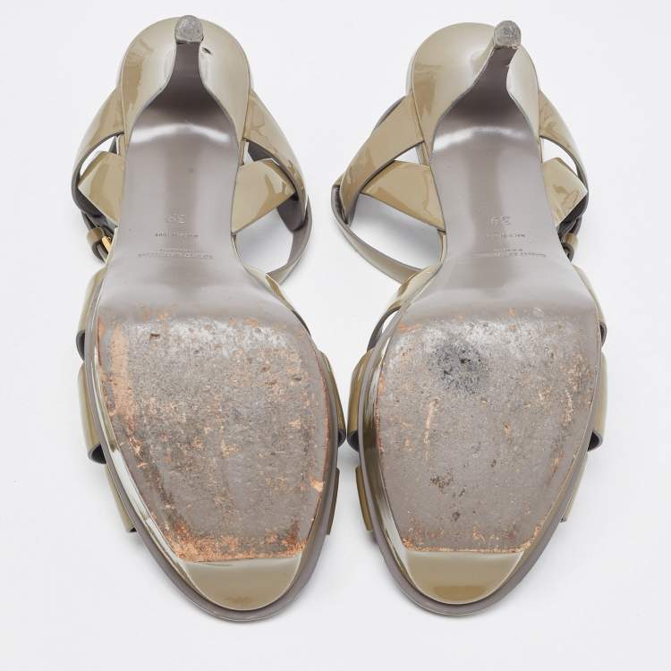 Pre Owned Saint Laurent Green Patent Tribute Platform Sandals Size 39
