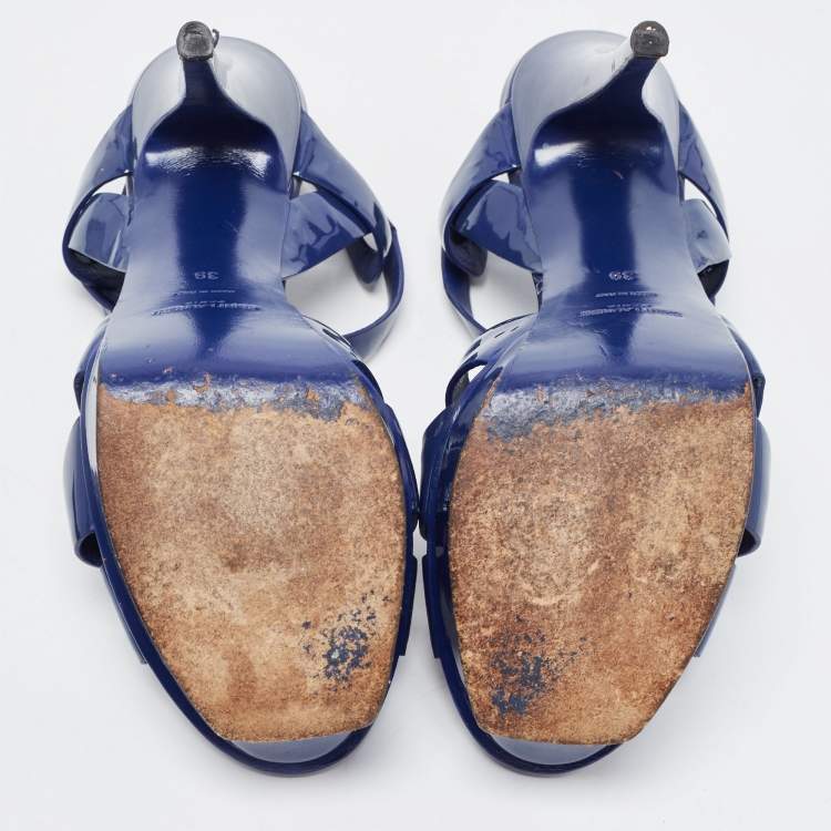 Pre Owned Saint Laurent Blue Patent Leather Tribute Platform Sandals  Size 39