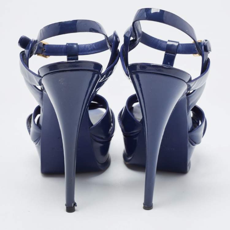 Pre Owned Saint Laurent Blue Patent Leather Tribute Platform Sandals  Size 39