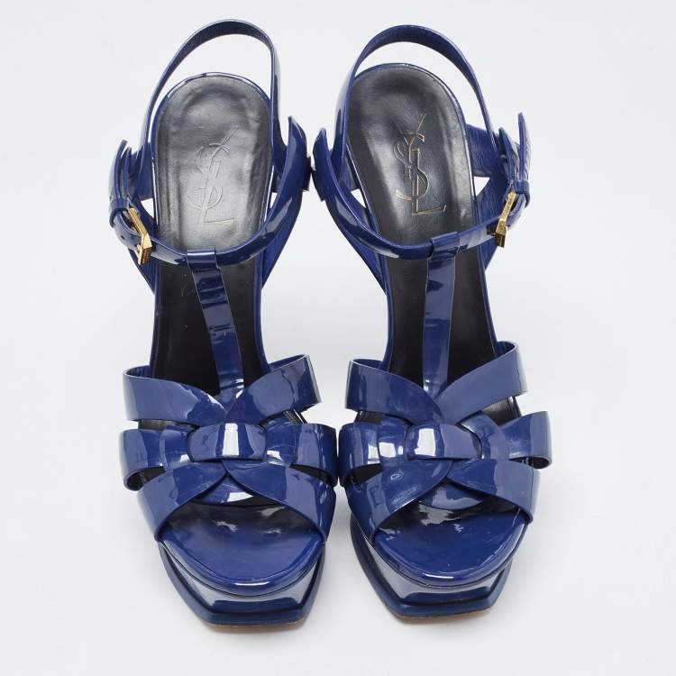 Pre Owned Saint Laurent Blue Patent Leather Tribute Platform Sandals  Size 39