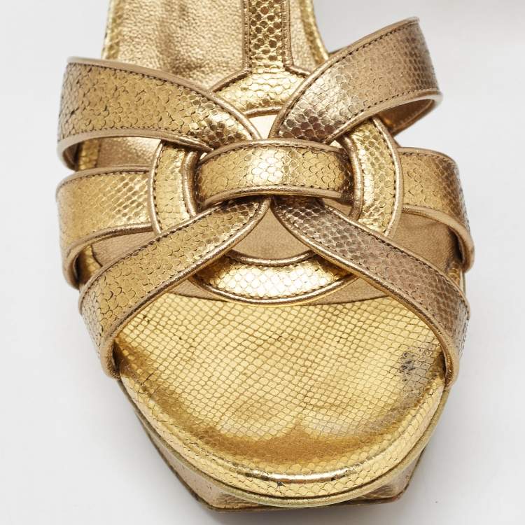 Pre Owned Saint Laurent Metallic Gold Lizard Embossed Leather Tribute Sandals Size 37.5