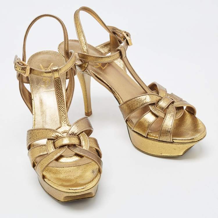 Pre Owned Saint Laurent Metallic Gold Lizard Embossed Leather Tribute Sandals Size 37.5