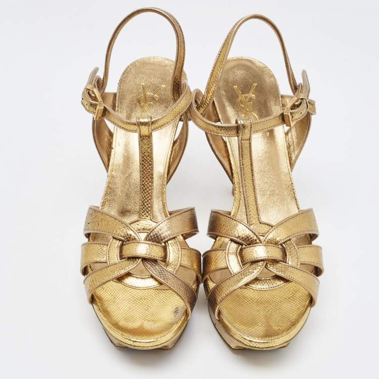 Pre Owned Saint Laurent Metallic Gold Lizard Embossed Leather Tribute Sandals Size 37.5
