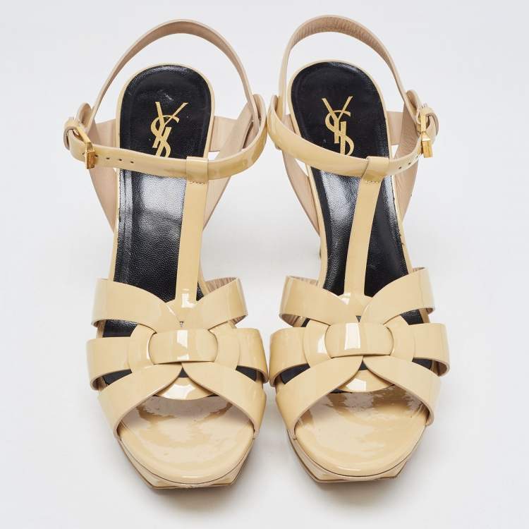 Pre Owned Saint Laurent Beige Patent Leather Tribute  Sandals Size 39.5
