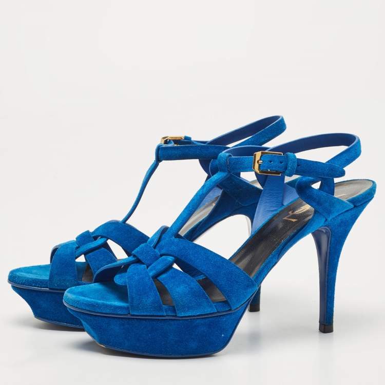 Pre Owned Saint Laurent Blue Suede Tribute Ankle Strap Sandals Size 37