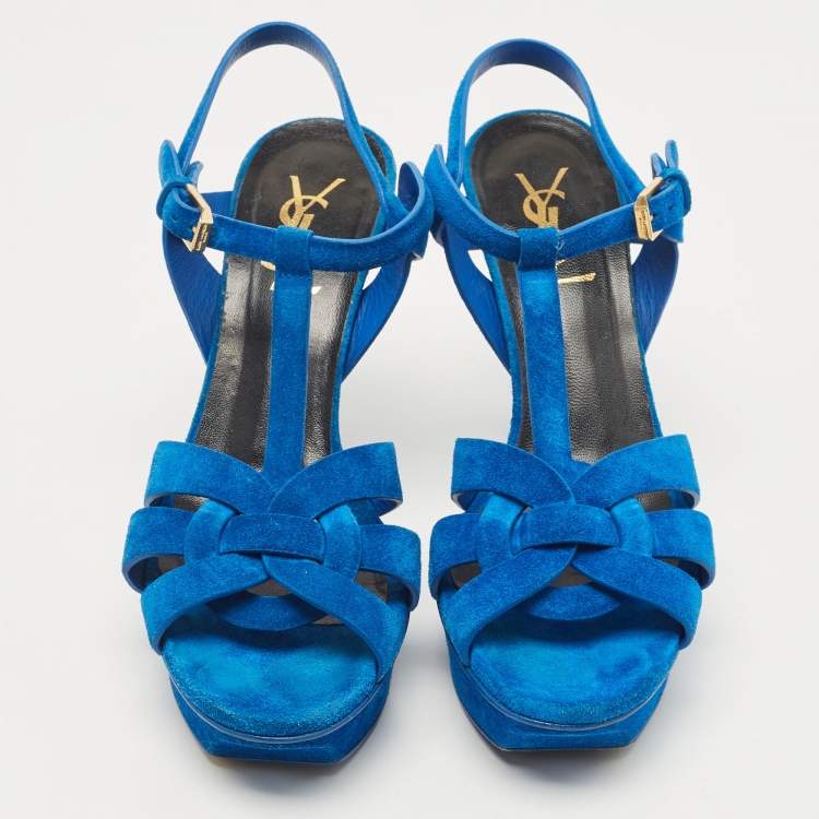 Pre Owned Saint Laurent Blue Suede Tribute Ankle Strap Sandals Size 37