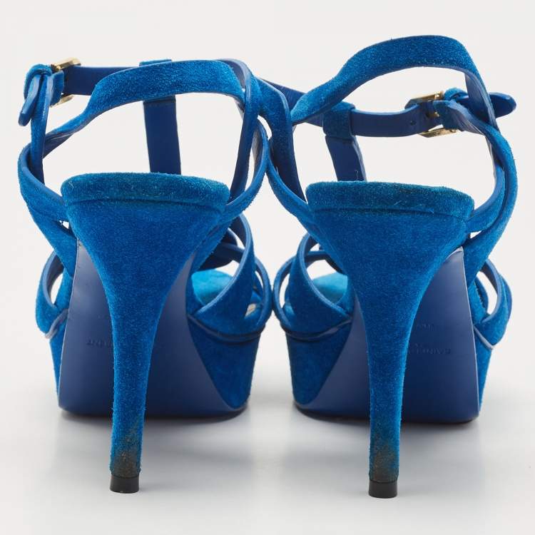 Pre Owned Saint Laurent Blue Suede Tribute Ankle Strap Sandals Size 37