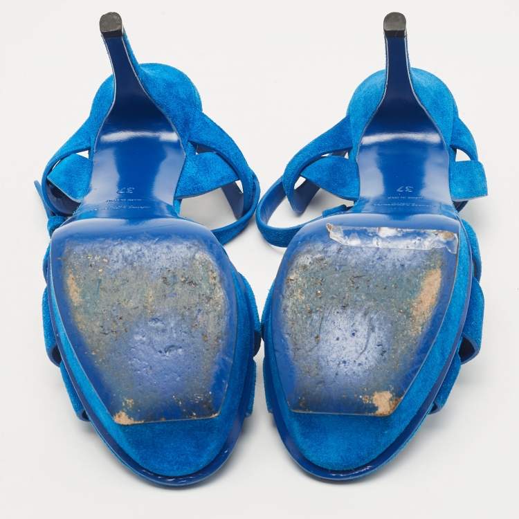 Pre Owned Saint Laurent Blue Suede Tribute Ankle Strap Sandals Size 37